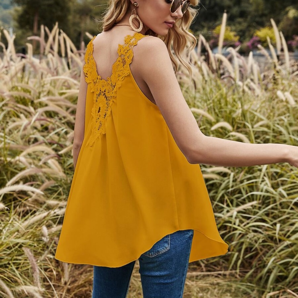 Boho Floral Crochet Flowy Tank Top Mustard Yellow